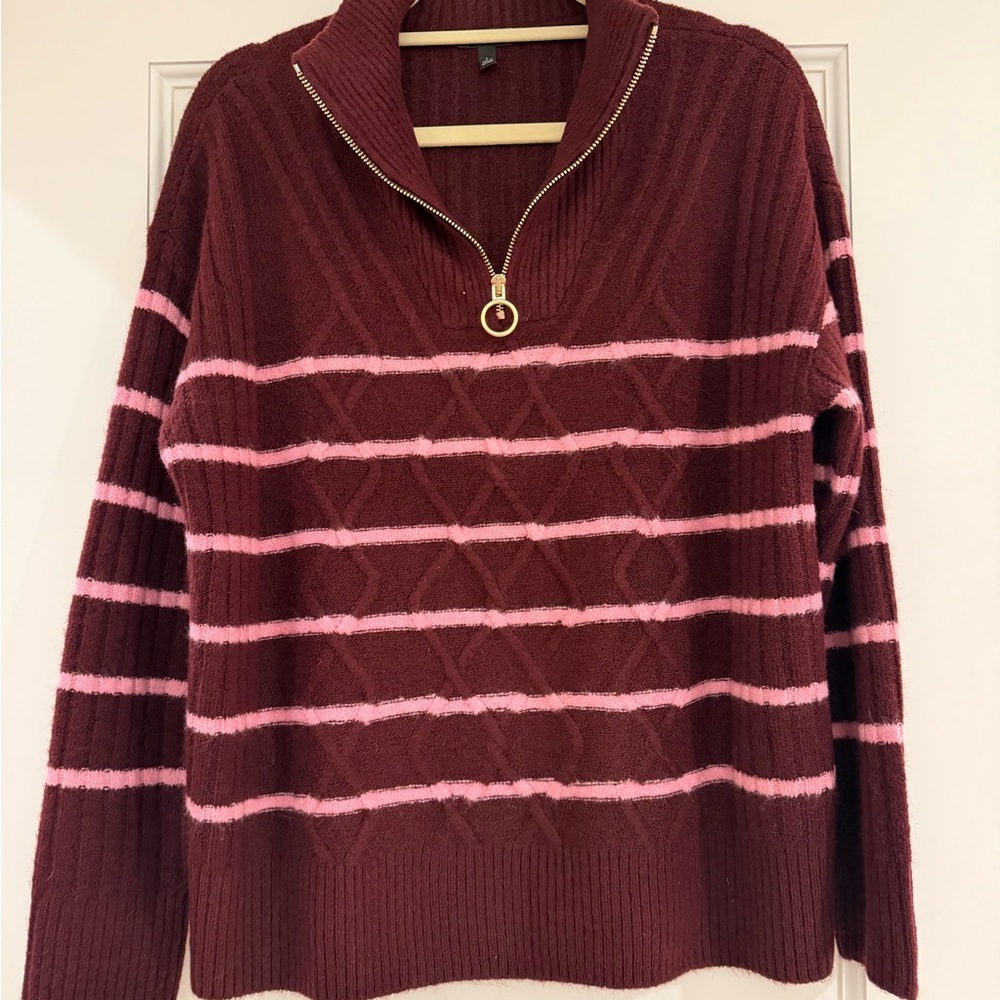 Talbots Burgundy Sweater with Pink Stripes and Zip-Neck